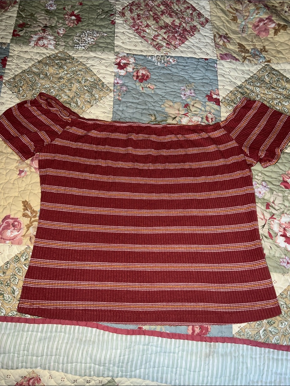 Mossimo Supply Co. Ribbed Burgundy and Cream Striped Top size large
